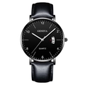 Men's business quartz watch with black leather strap and date window in sleek black finish - Black Dial Silver Hands Black Case Black Leather Strap