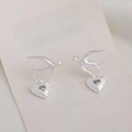 Chic silver swallow earrings with sparkling heart-shaped cubic zirconia charms - Swallow Heart Zircon Earrings - Silver