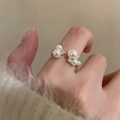 Silver-tone sterling silver open ring with white pearls and sparkling cubic zirconia - Pearl Zirconia Open Ring