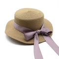 Detail of Boater straw hat showing lavender purple satin ribbon bow and woven texture - M (56-58cm) / Khaki