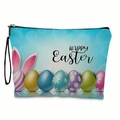 Blue Easter makeup bag with colorful eggs, bunny ears, and Happy Easter lettering - Blue Background Eggs and Bunny Ears (HAPPY Easter)