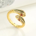 Adjustable golden double snake ring with green, red and white sparkling zircon stones - Style 2 / Gold