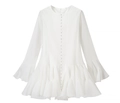 Detail of white mini dress featuring tiered ruffle hem and trumpet sleeves with buttons - S / White