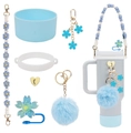 Detalle de accesorios florales azules y funda de silicona para vaso térmico - Juego de 7 Piezas 10-Flor Azul