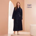 Thick navy blue long coral fleece bathrobe for couples with white contrast trim and belt - M / Navy Blue (Women)