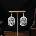 Ethnic style silver hook earrings with a red bead center and small hanging metal balls - Radial Circular Red Bead Tassel Style (E6015-1)