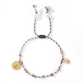 Handmade woven cotton bracelet in black, white, and gold with pearl charms - Black White Gold