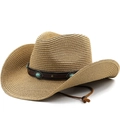 Foldable straw cowboy sun hat for men with turquoise beads and adjustable chin strap - M (56-58cm) / Khaki