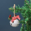 White metal Christmas bell with red checkered bow and berries on pine branch - White Round Bell