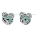 Detailed view of green and black sparkling crystal pavé teddy bear stud earrings for women - Bear Head / Platinum Color Green Zirconia