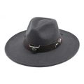 Detail of grey wool fedora hat featuring floral embroidered band and metal bull head - M (56-58cm) / Dark Gray
