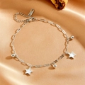 Silver paperclip bracelet with star and ball charms on golden silk background - Star Steel Color Anklet (P508) / Silver
