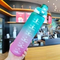 Blue-purple gradient frosted sports water bottle with straw and time marker labels - 1000ml / Green Lid Gradient