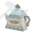 Blue teapot shaped paper gift box with pink floral patterns and white ribbon bow - Sky Blue Gold Iris