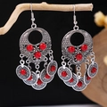 Bohemian dangle earrings with vintage silver finish and vibrant red bead accents - Antique Silver + Red Coin Tassel (E5775-6)
