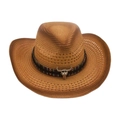 Western-Strohhut in Hellbraun mit Ethno-Band und silbernem Stierschädel-Schmuck - Khaki Stil 2 (Stierschädel)