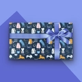 Blue cat cartoon gift wrap paper with stylized kittens and a purple decorative ribbon bow - Style 3 (Dark Blue Cat & Milk)