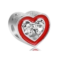 Silver heart bead with red enamel and bowknot detail for DIY bracelet jewelry - Red Enamel Bow Heart Charm (042)