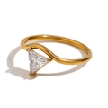 Bague ondulée en acier inoxydable doré minimaliste ornée d'un zircon triangulaire brillant - US 6 / Bague Zircone Or Anneau Ondulé - Pierre Triangle
