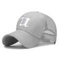 Grey mesh baseball cap with white 3D letter embroidery and adjustable back strap - Gray