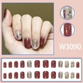Korte ronde rode kunstnagels met cartoon kasteelpatronen en glitter afwerking - Lijmtype (W3090)
