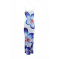 Detailed view of blue floral print on white slim fit spaghetti strap maxi dress - S / Purple