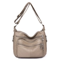 Retro khaki soft PU leather crossbody bag with multiple zip pockets and adjustable strap - Gray