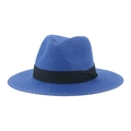 Chapeau de soleil Panama bleu tissé main avec ruban noir pour protection de plage - Bleu