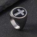 Men's stainless steel ring featuring a black gemstone and embossed silver cross detail - 6 / Steel (Oval Cross)