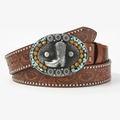 Bohemian brown leather belt with vintage floral pattern and turquoise buckle on white background - Brown Cowboy Boots Buckle
