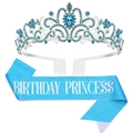 Blue Birthday Princess satin sash and silver tiara with blue rhinestones for party set - Blue Set