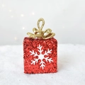 Sparkly red sequin Christmas gift box ornament with gold bow and white snowflake - Red Gift Bag