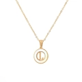 Golden necklace with circular white mother-of-pearl pendant featuring a hollow letter L - L