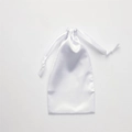 White faux silk drawstring storage pouch with elegant satin finish and ribbon tie - White