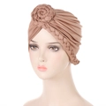 Brown turban hat with braided rose flower design for women on a white background - Khaki