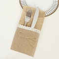 Linen cutlery holder with white lace and bow for rustic wedding or festive tables - Twine Bow Knot Style