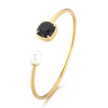 Brazalete en C dorado con piedra de arenisca azul cuadrada y elegante perla blanca - Negro Estrellado + Dorado