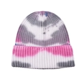 Detailed view of pink and grey tie-dye ribbed knit beanie with soft texture and warm fabric - One Size / Pink Grey Tie-Dye (#2)