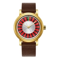 Detail of men's watch with roulette dial, gold case, and premium brown leather strap - QT918 Brown Strap Gold Case Silver Face