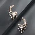 Elegant gold fan-shaped stud earrings with sunburst baguette zirconia and crystal inlay - Radiating Fan Rectangular / Gold