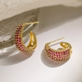 Elegant 18k gold plated C-shaped hoop earrings with pink pave zircon stones for women - Pave-set Pink Gemstone Style (44790)