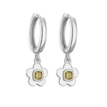 Macro shot of flower hoop earrings with yellow zircon center on silver metal base - Silver Olive Green Zirconia Flower