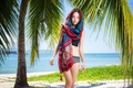 Ethnic style red beach shawl scarf with fringe in a tropical seaside summer setting - Style 15-Red Blue Patchwork Tassel / 180cm