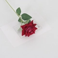 Realistic red velvet artificial rose with green leaves and long stem on white surface - Velvet Small Corner Rose Rose Red