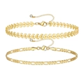 Gold layered bracelet set featuring herringbone and figaro chains with crystal charm - Gold Set - Herringbone/Figaro Chain