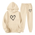 Beige hooded tracksuit set with minimalist heart print featuring kangaroo pocket and joggers - S / Khaki