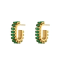Detail of C-shaped gold-plated earrings featuring emerald green rectangular zircon stones - Green