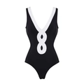 Costume da bagno intero nero minimalista da donna con scollo a V bianco a contrasto - S / Costume da Bagno Scollo a V