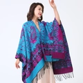 Blue and purple paisley print shawl wrap with fringe tassels for women - Blue/Leaf Paisley