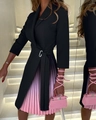 Detail of V-neck dress with metal waist buckle and pleated pink gradient hemline - Black and Pink Gradient Pleated Style (5073 Black and Pink Tie-Dye)